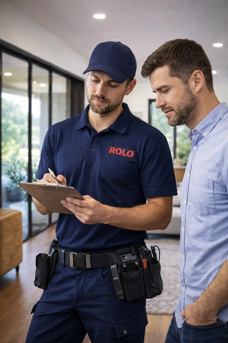 Rolo Electronics technician consulting with a homeowner on security system design