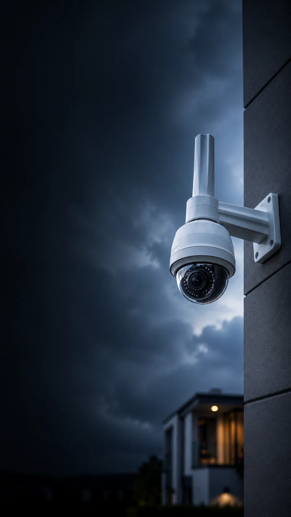 Outdoor dome security camera mounted on a building exterior