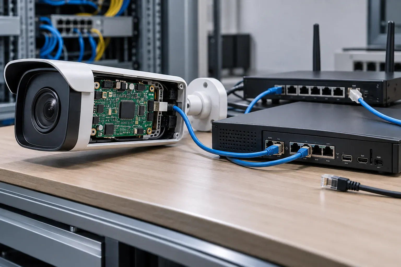 Security camera wired to a local recorder with the internet cable unplugged — local recording keeps going when the internet is cut