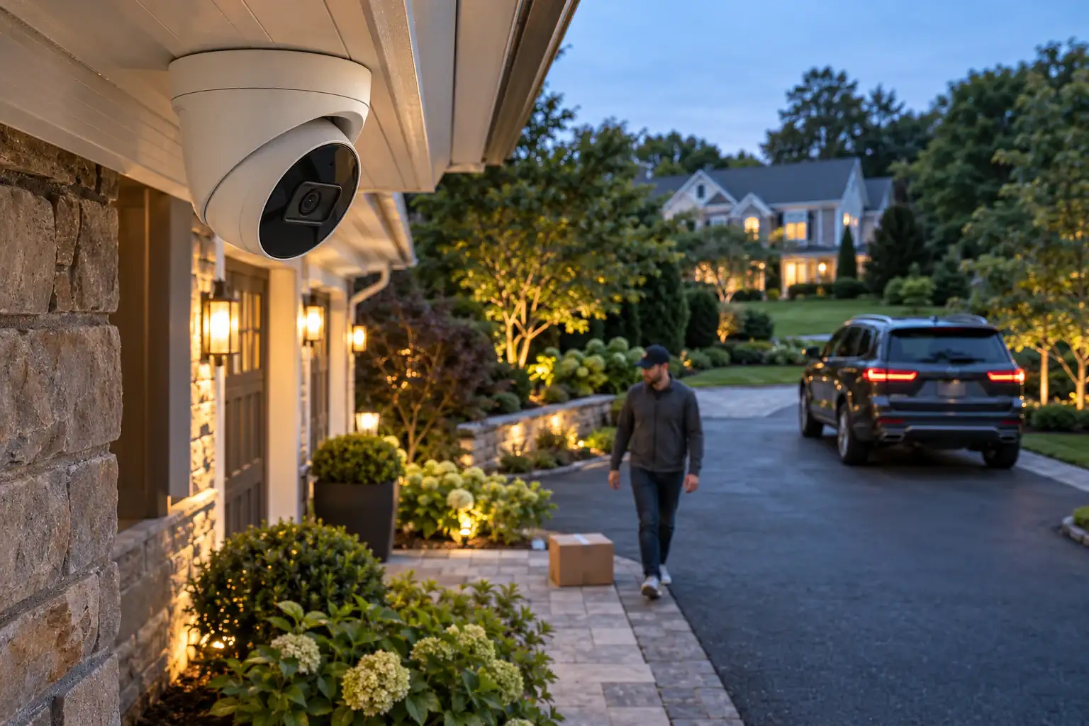 AI security camera with on-device person and vehicle detection mounted on a modern building