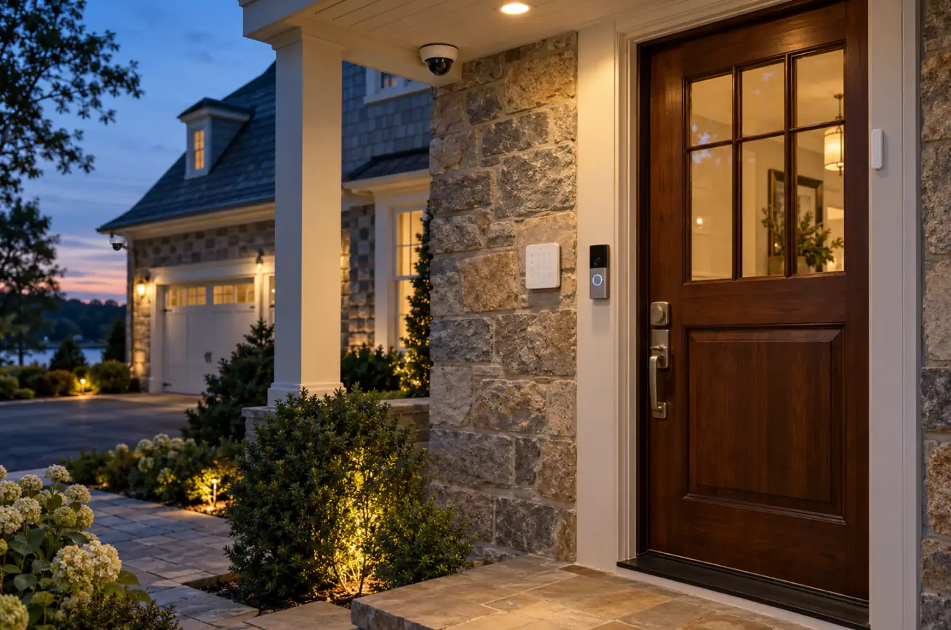 Greenwich CT home exterior at dusk with discreet security cameras and lit walkway