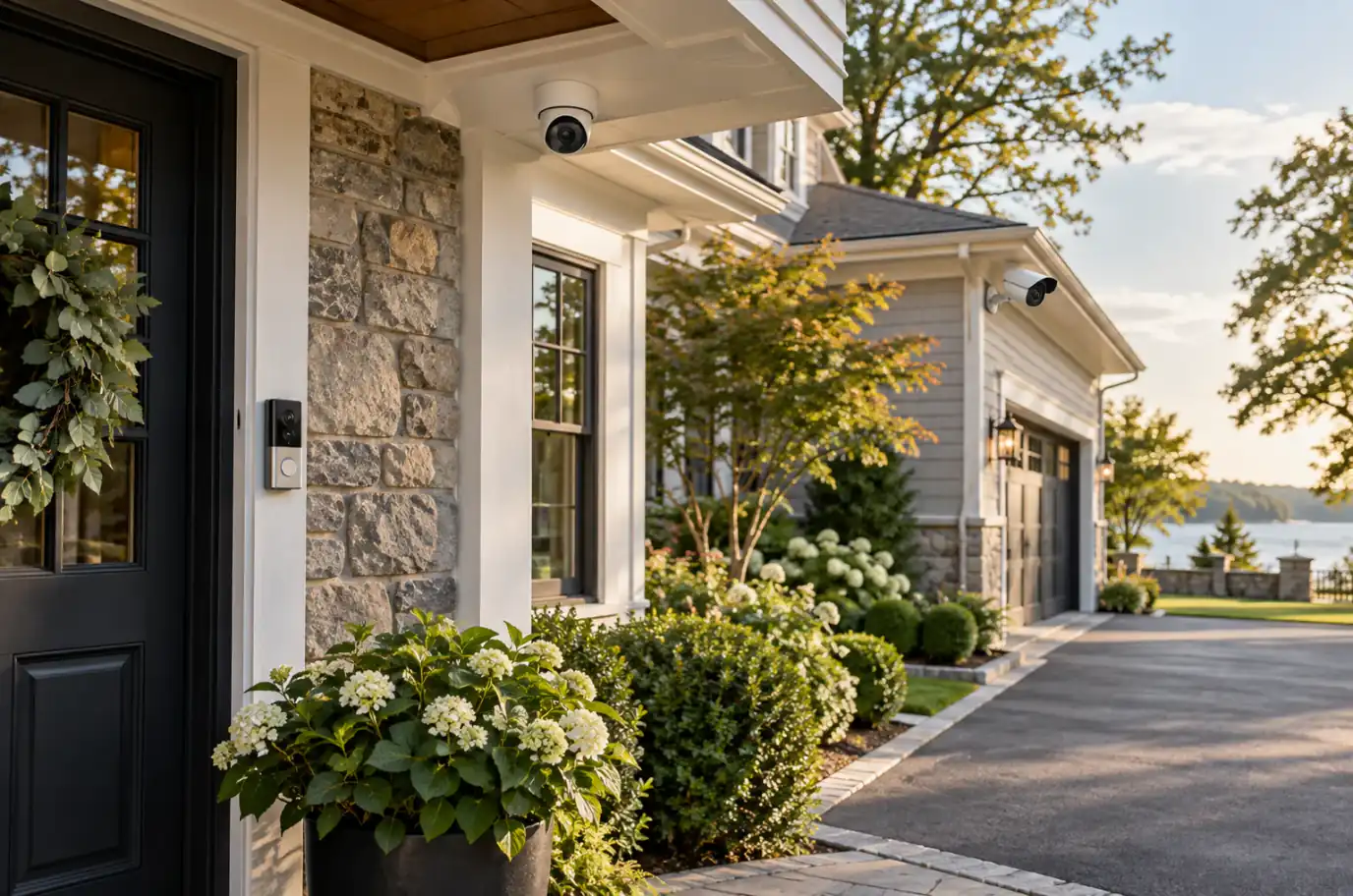 Modern home exterior with professional security cameras installed at entry points