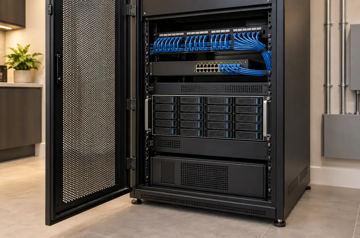 Rack-mounted NVR system for a Greenwich CT estate with multiple drive bays