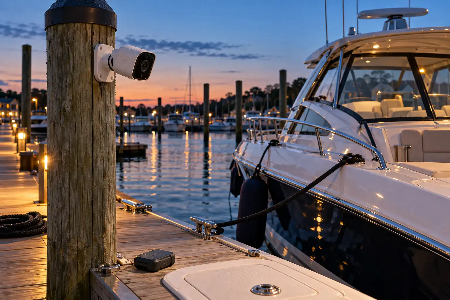 Boats docked at a marina at dusk — the hours when most boat theft and vandalism happens