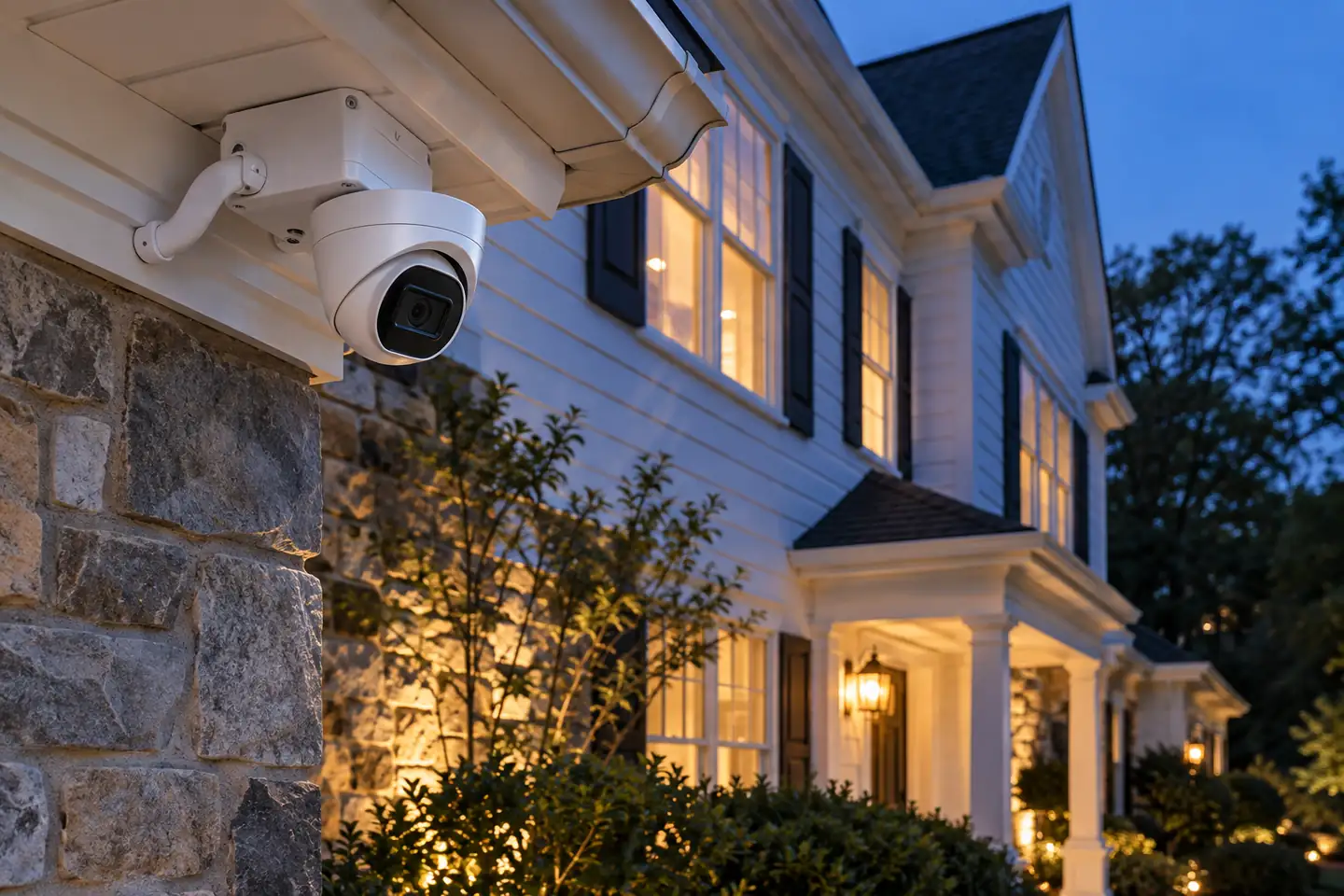 Hard-wired security camera mounted beneath the eaves of a two-story Connecticut home with illuminated upstairs windows at dusk