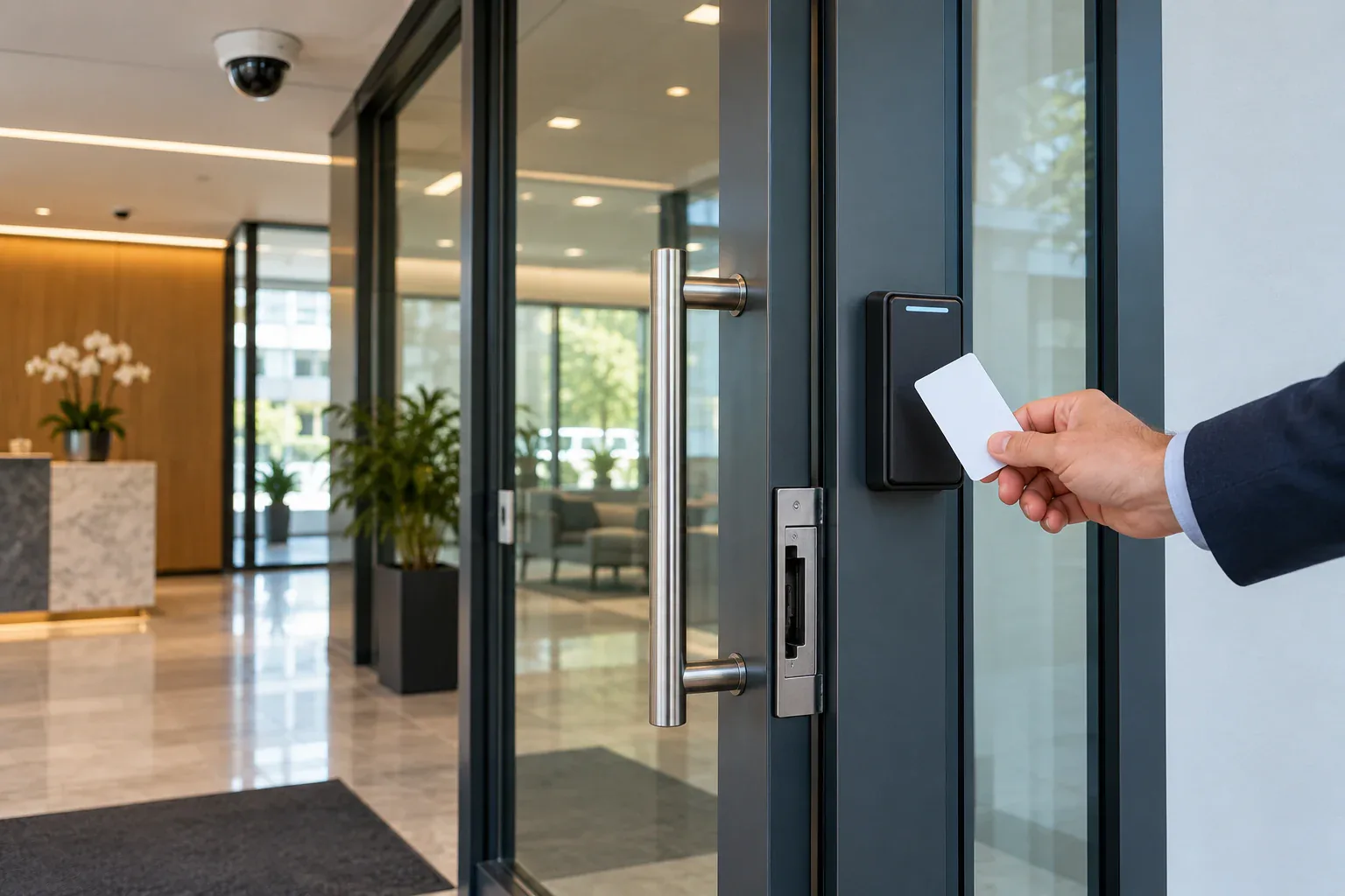 Modern Stamford office building lobby with digital access control panel at entrance