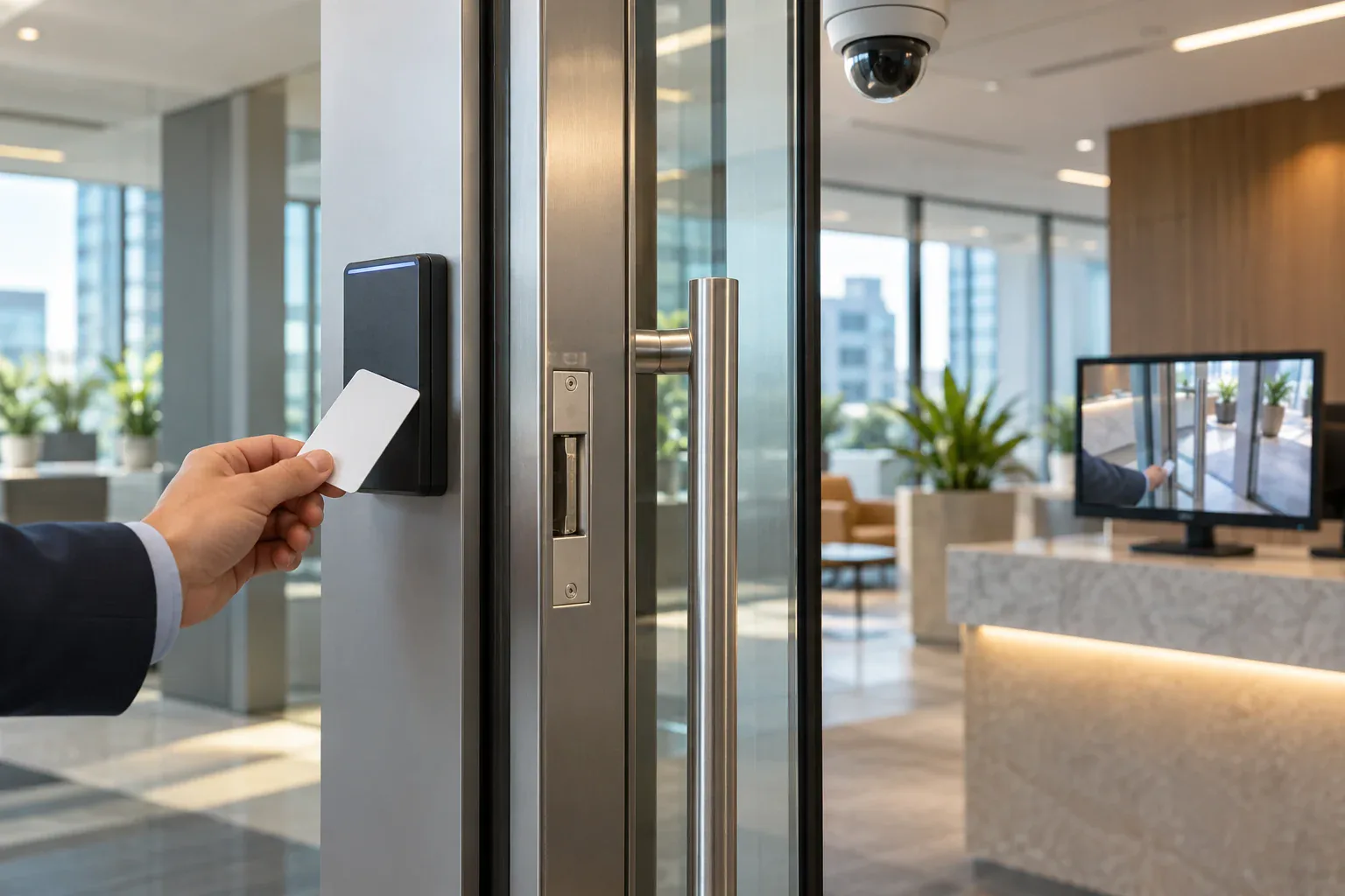 Office access reader, controlled door, overhead camera, and matching live entry view