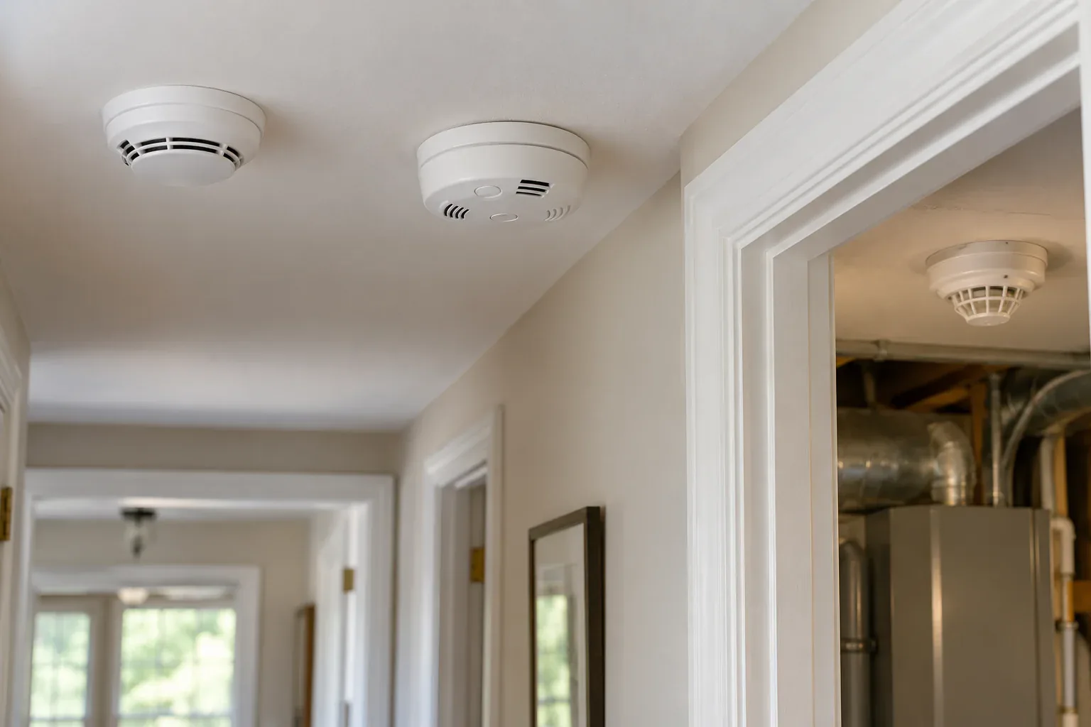 Installed smoke, combination smoke and carbon monoxide, and heat detectors in a residential hallway