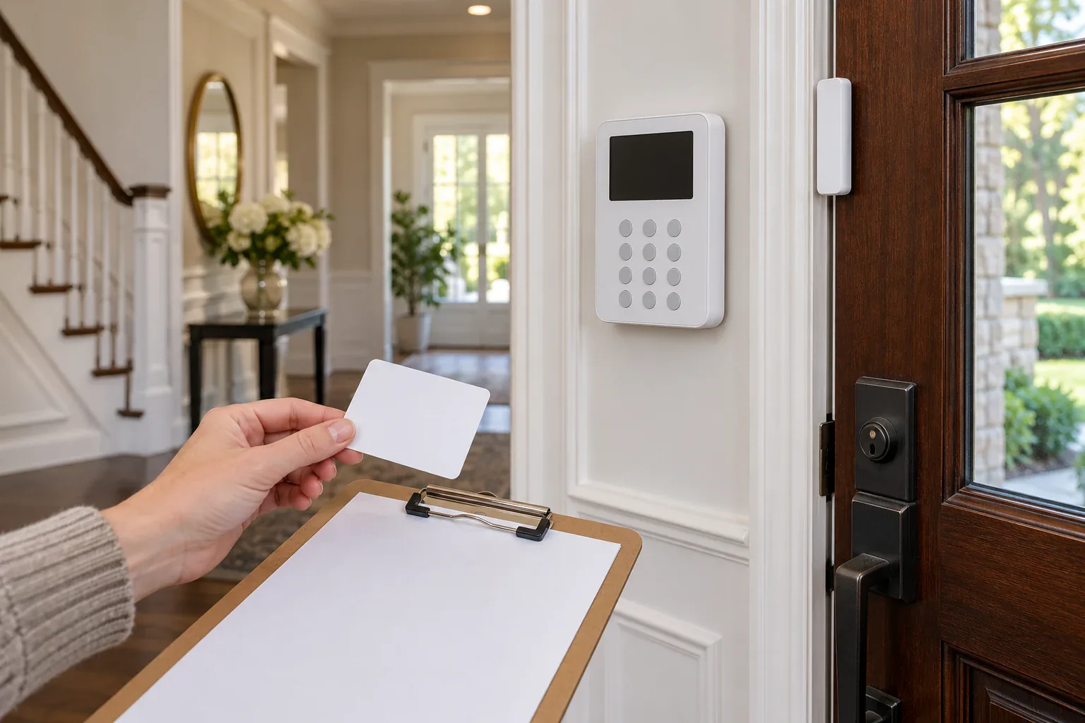 Greenwich CT home entrance with discreet alarm keypad and security signage