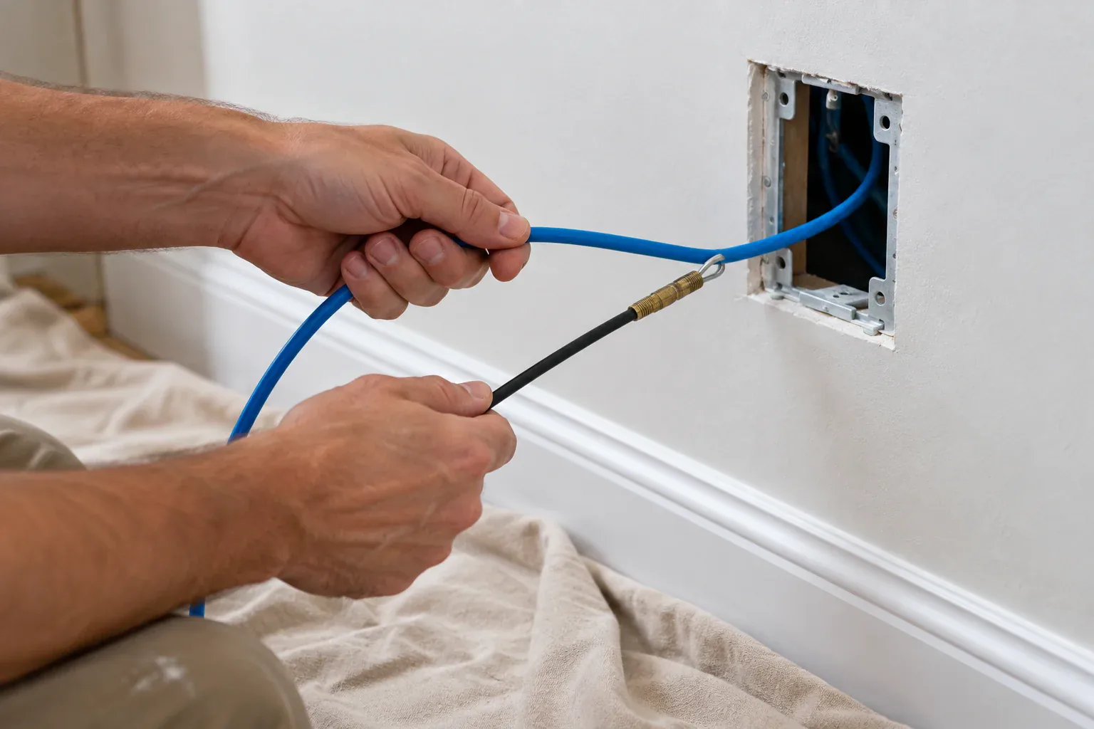 Technician using a fish rod to pull Cat6 cable through a small clean opening in a finished wall