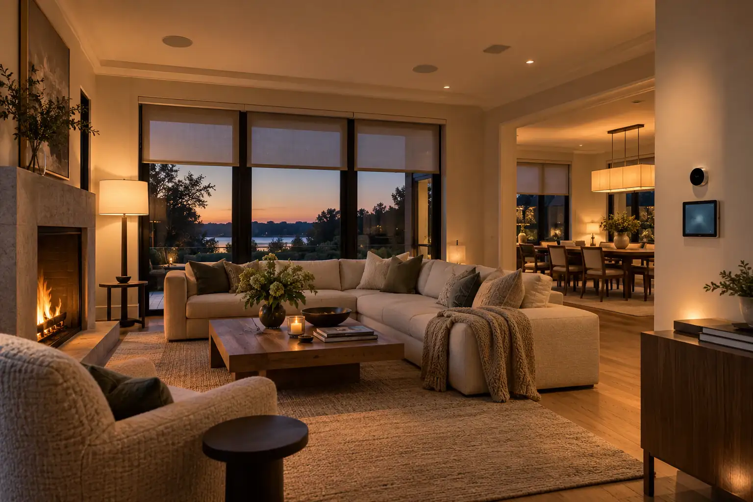 Rye NY home interior with smart lighting and motorized shades controlled from a tablet