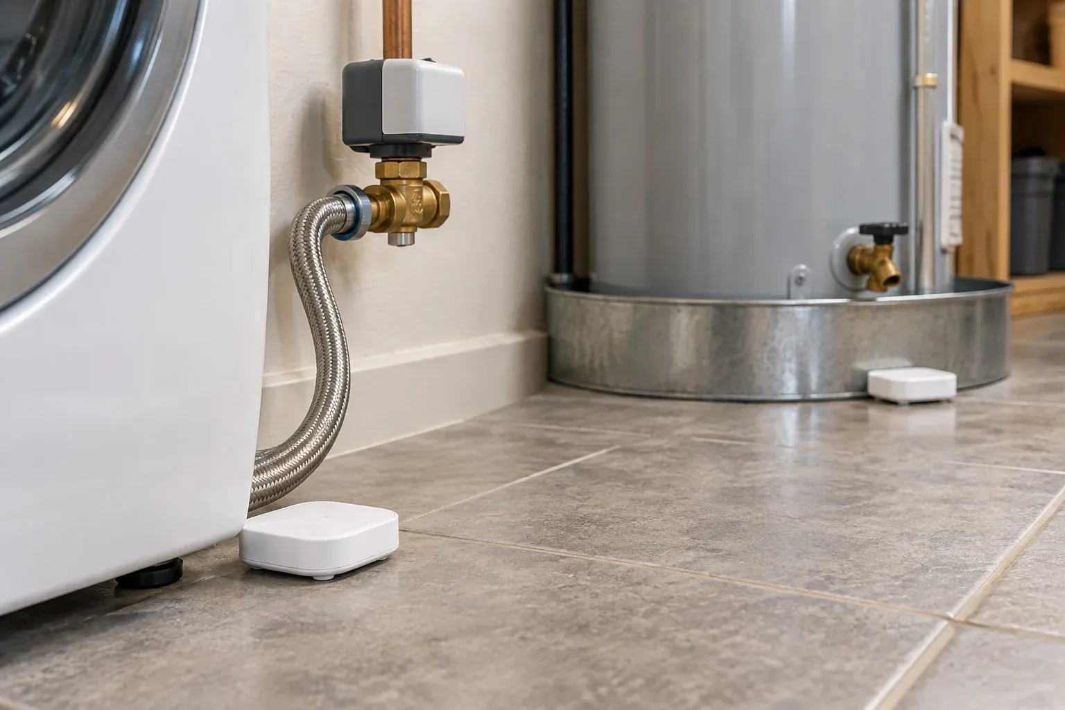 Water leak sensors installed beside a washing machine supply line and water heater drain pan