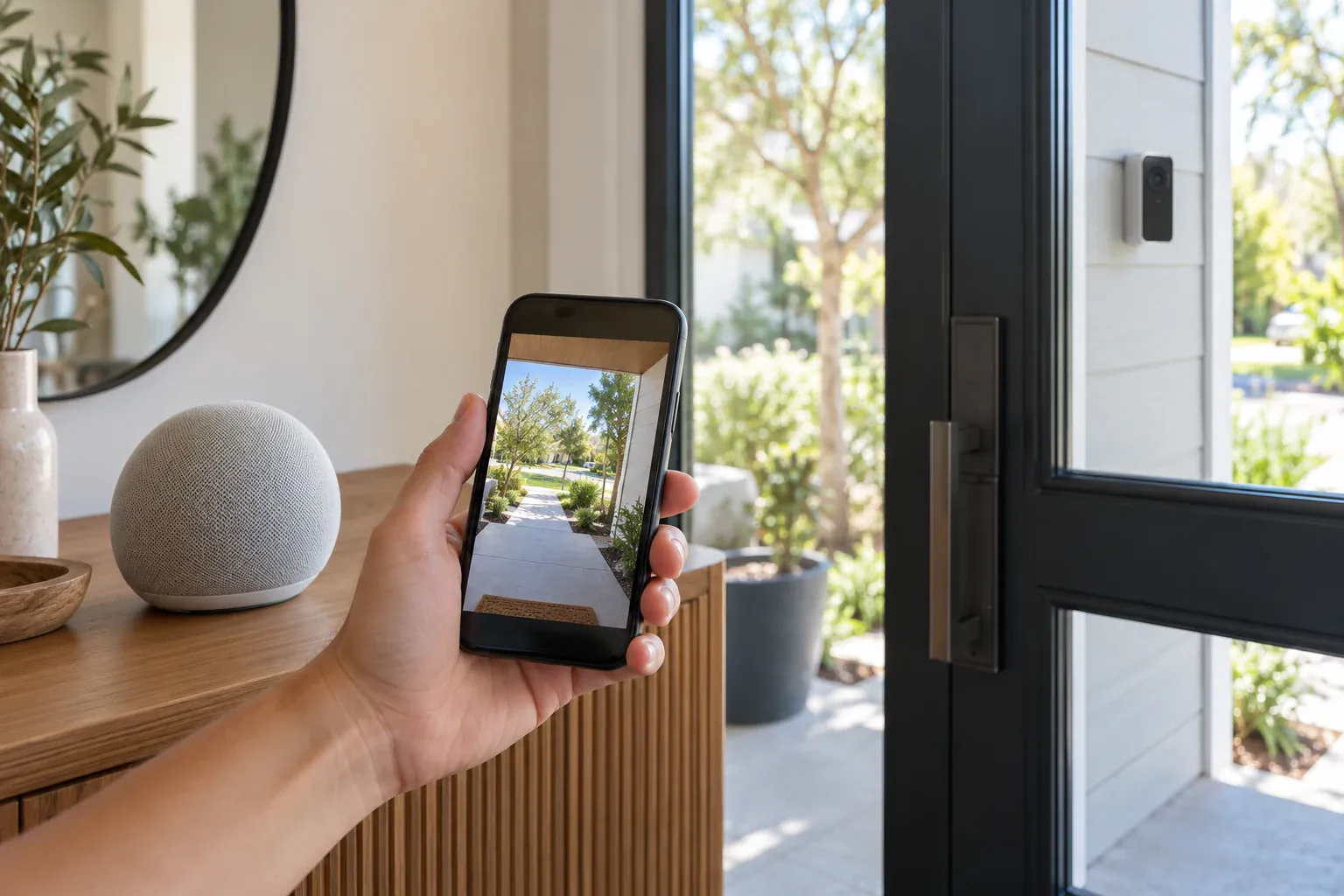 Smart home control dashboard on tablet showing security camera feeds and connected devices