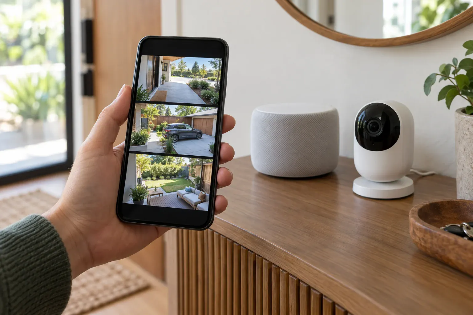 Smartphone showing secure home camera views beside a smart home hub and indoor camera