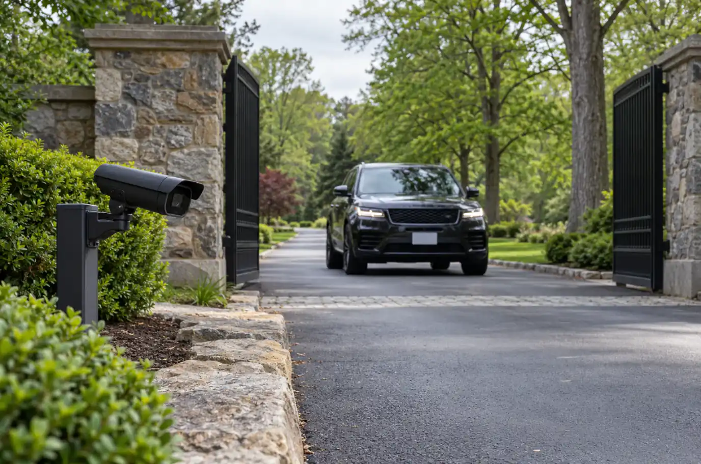 Long tree-lined estate driveway in Connecticut with stone gate pillars and a vehicle approaching