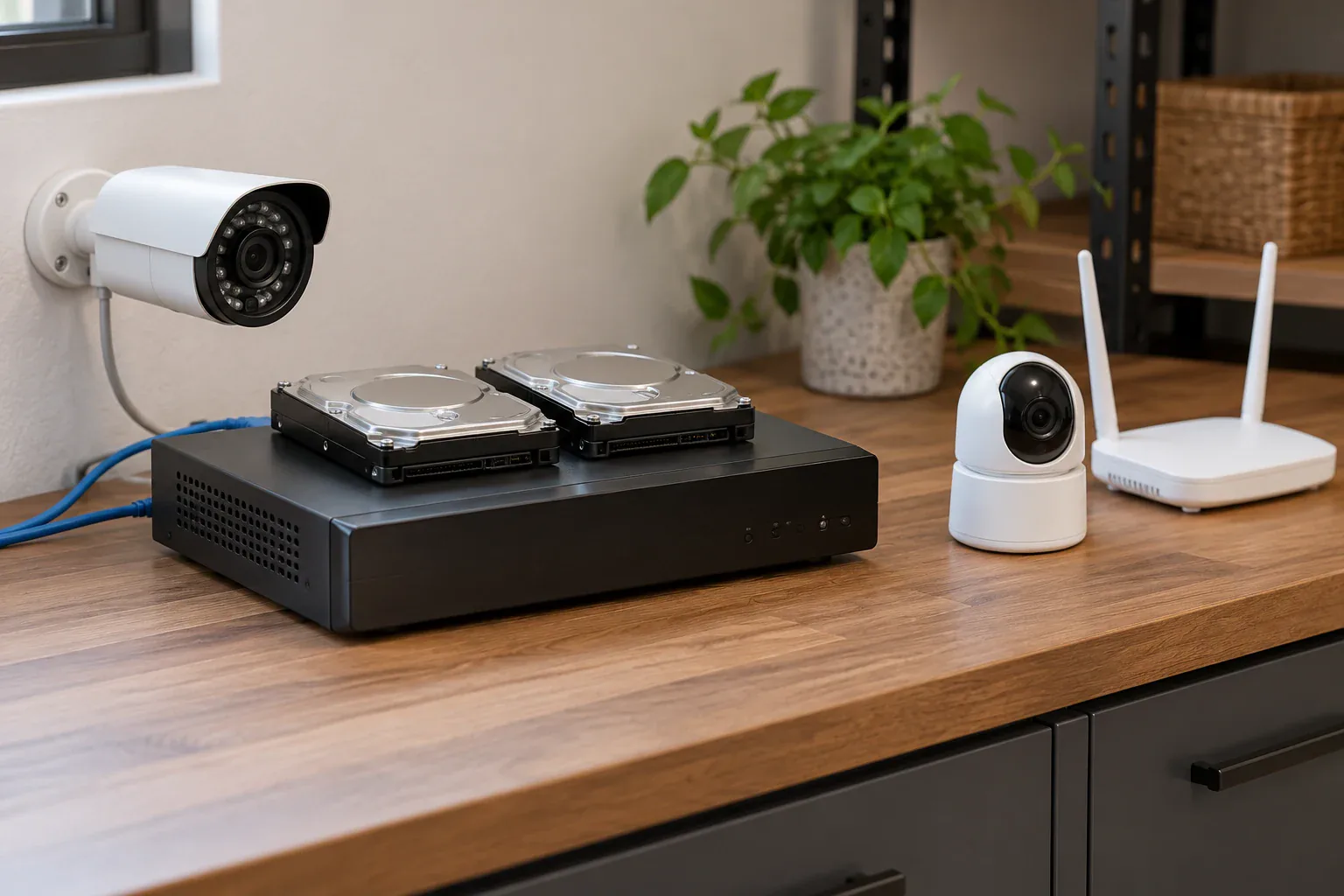 Network equipment rack with NVR and storage drives