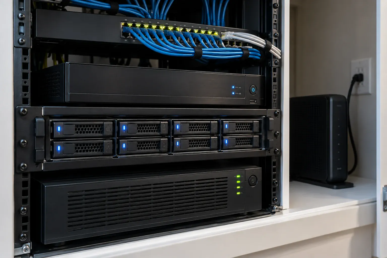 Local NVR, PoE switch, hard drives, and backup power continuing to operate beside a disconnected modem