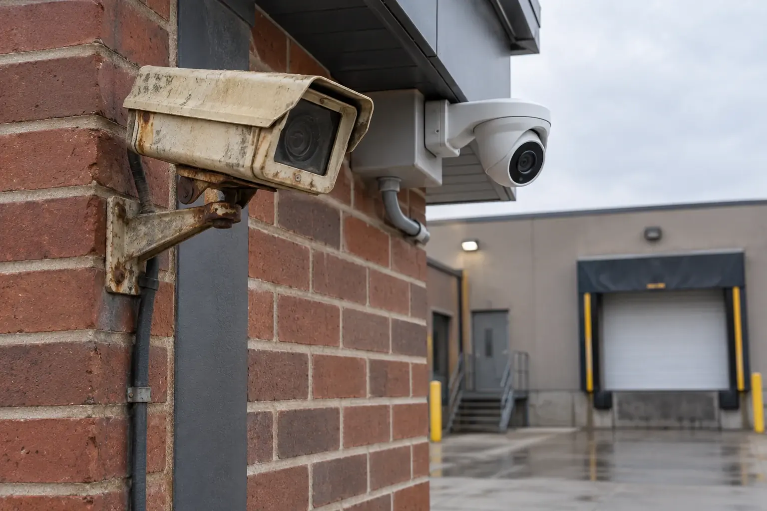 Modern commercial building with professional security cameras