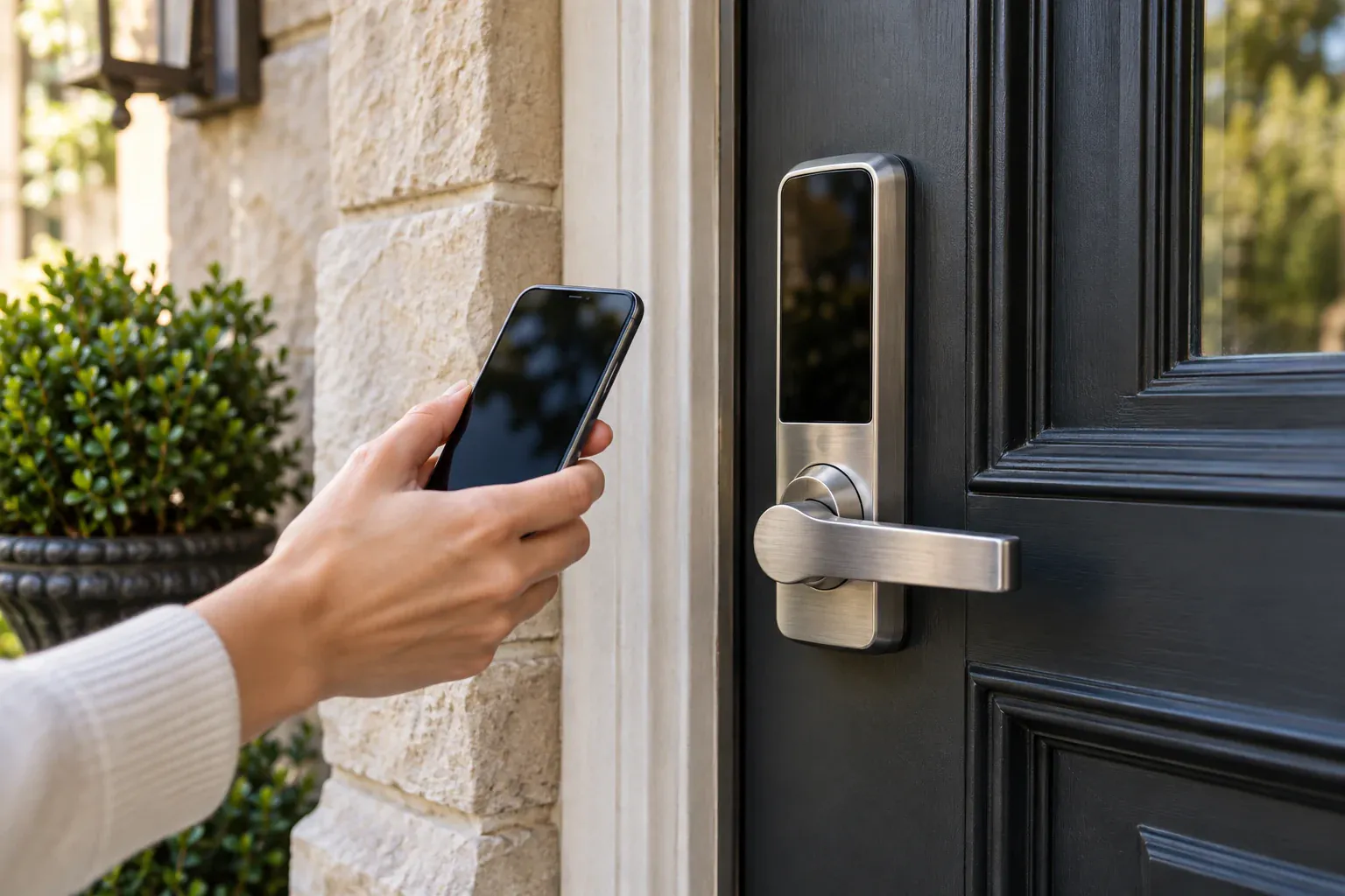 Modern Greenwich CT home front door with a smart lock keypad and stainless handle