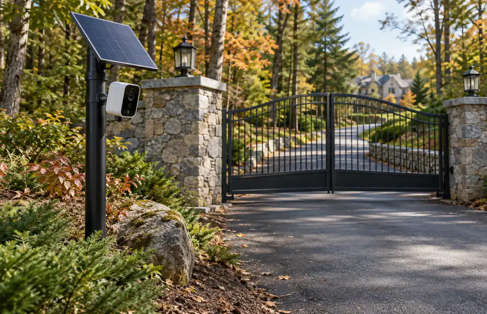 Estate driveway gate far from the house — the classic spot for a solar-powered 4G security camera