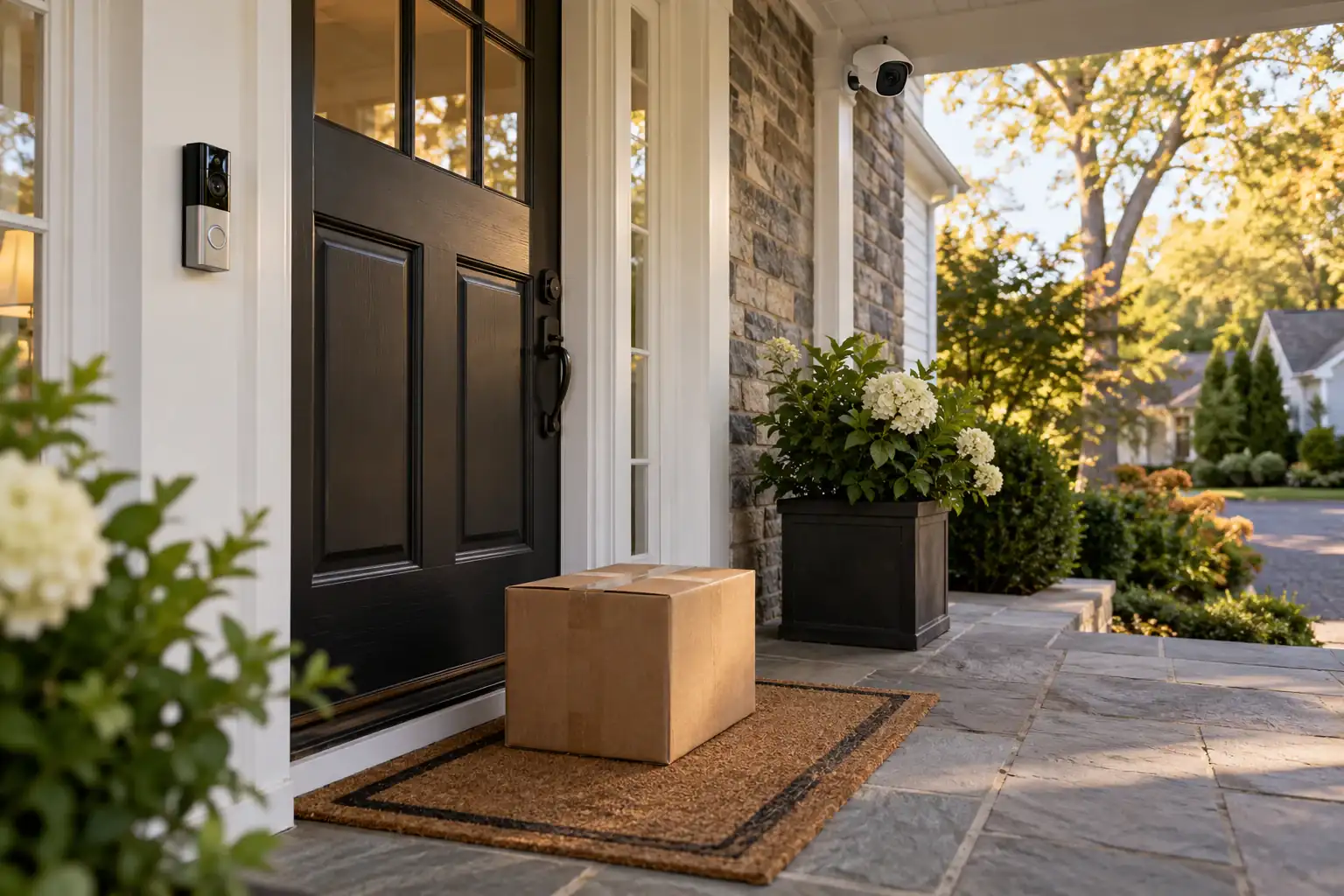 Video doorbell camera watching a front porch to deter package theft