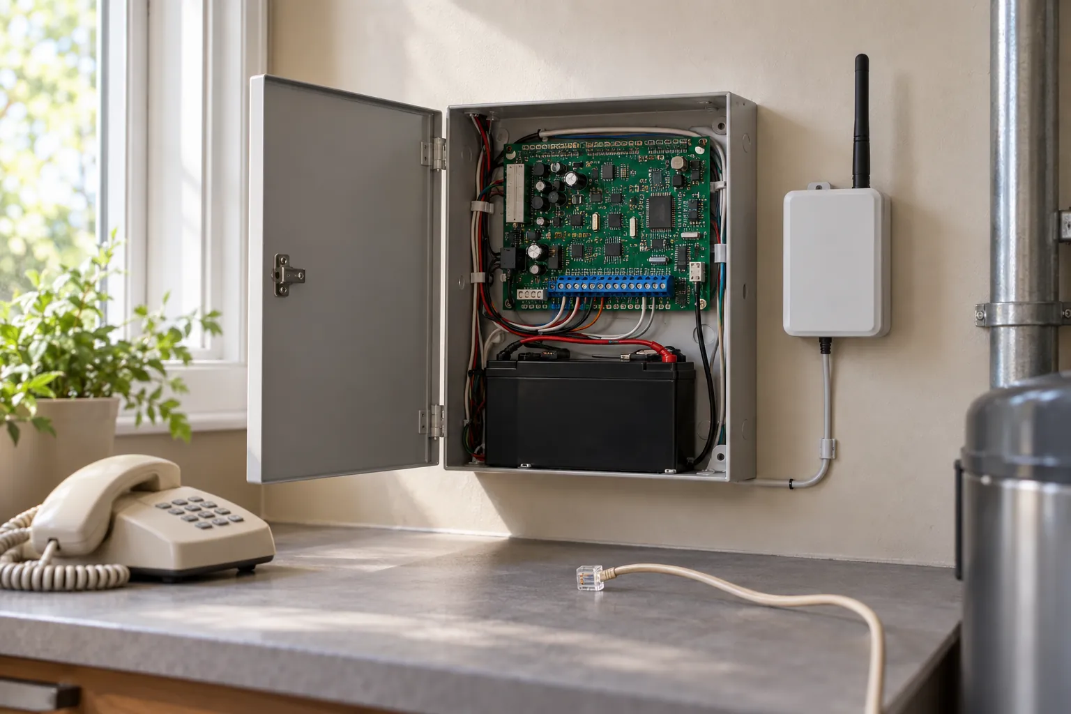 Home alarm control panel with backup battery and a cellular communicator beside a disconnected landline telephone cable