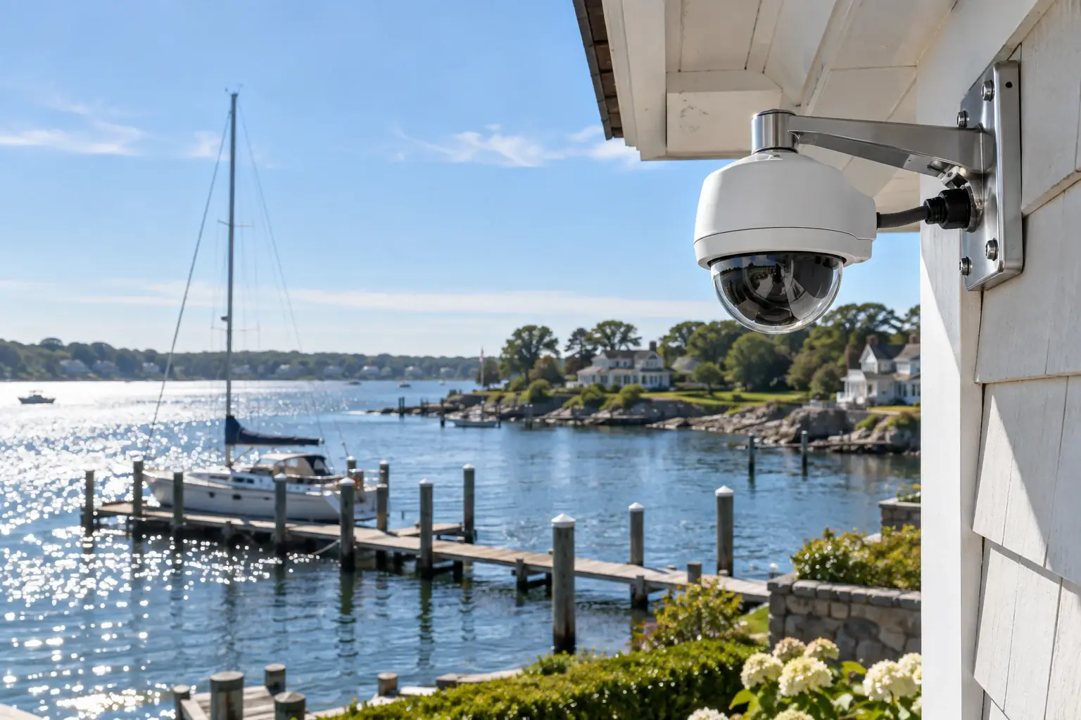 Greenwich CT waterfront estate in Belle Haven with private dock and security cameras