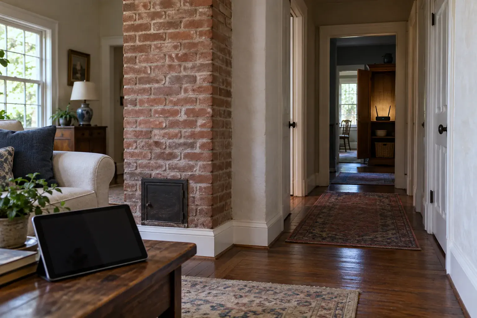 Large home interior where plaster walls, masonry, closed doors, and poor router placement weaken Wi-Fi