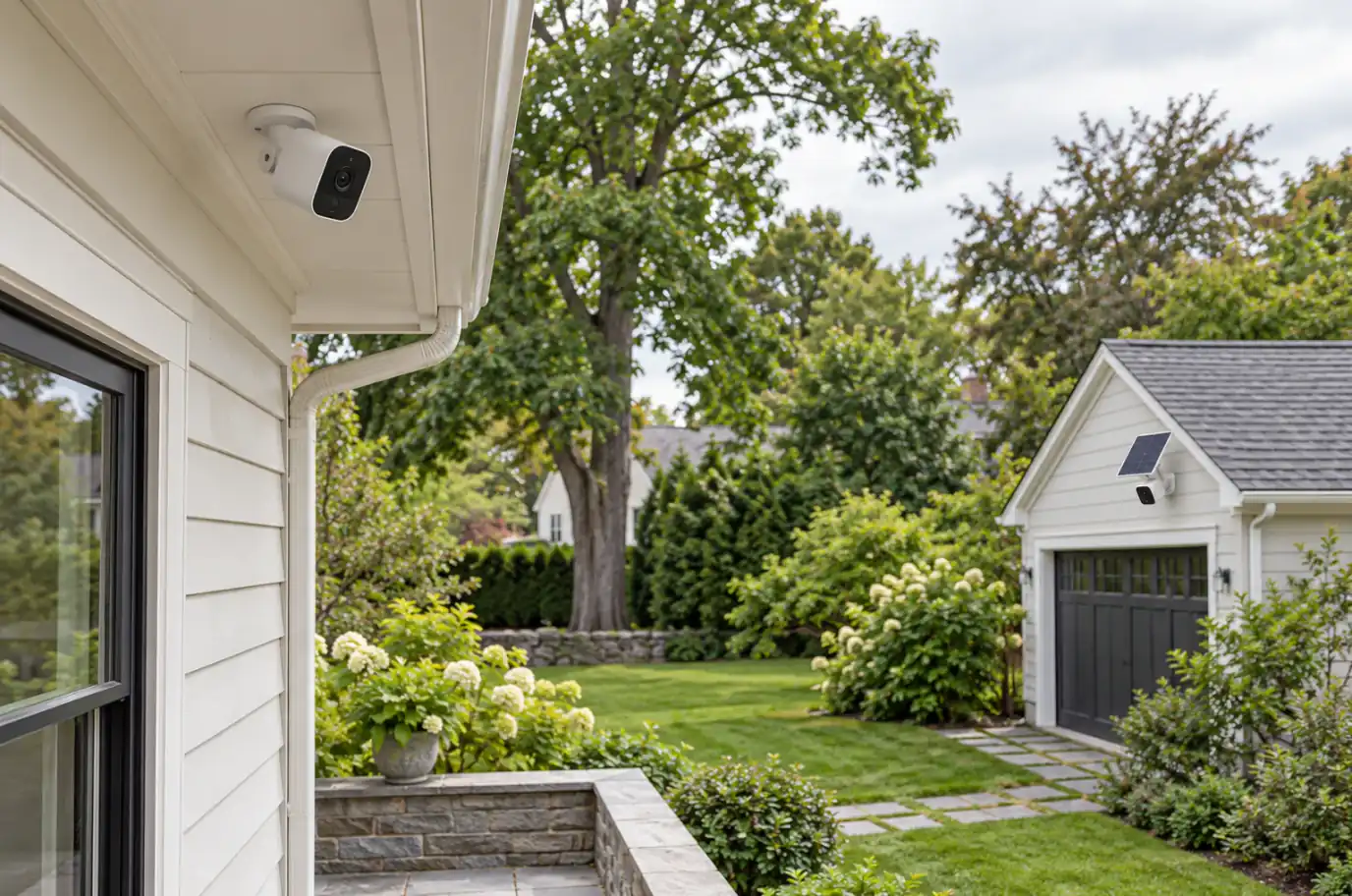 Wireless security camera mounted on a Westchester NY home with leafy yard in the background