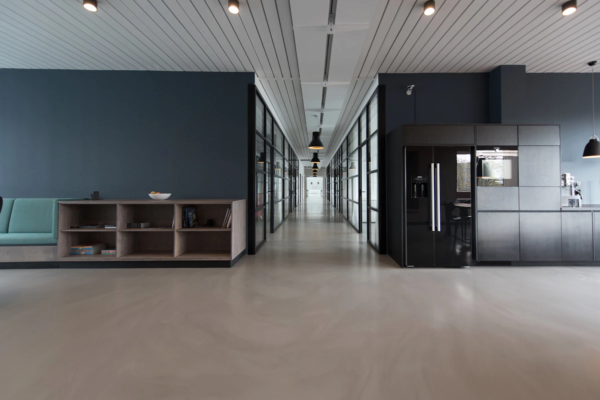 Modern Stamford office building lobby with digital access control panel at entrance