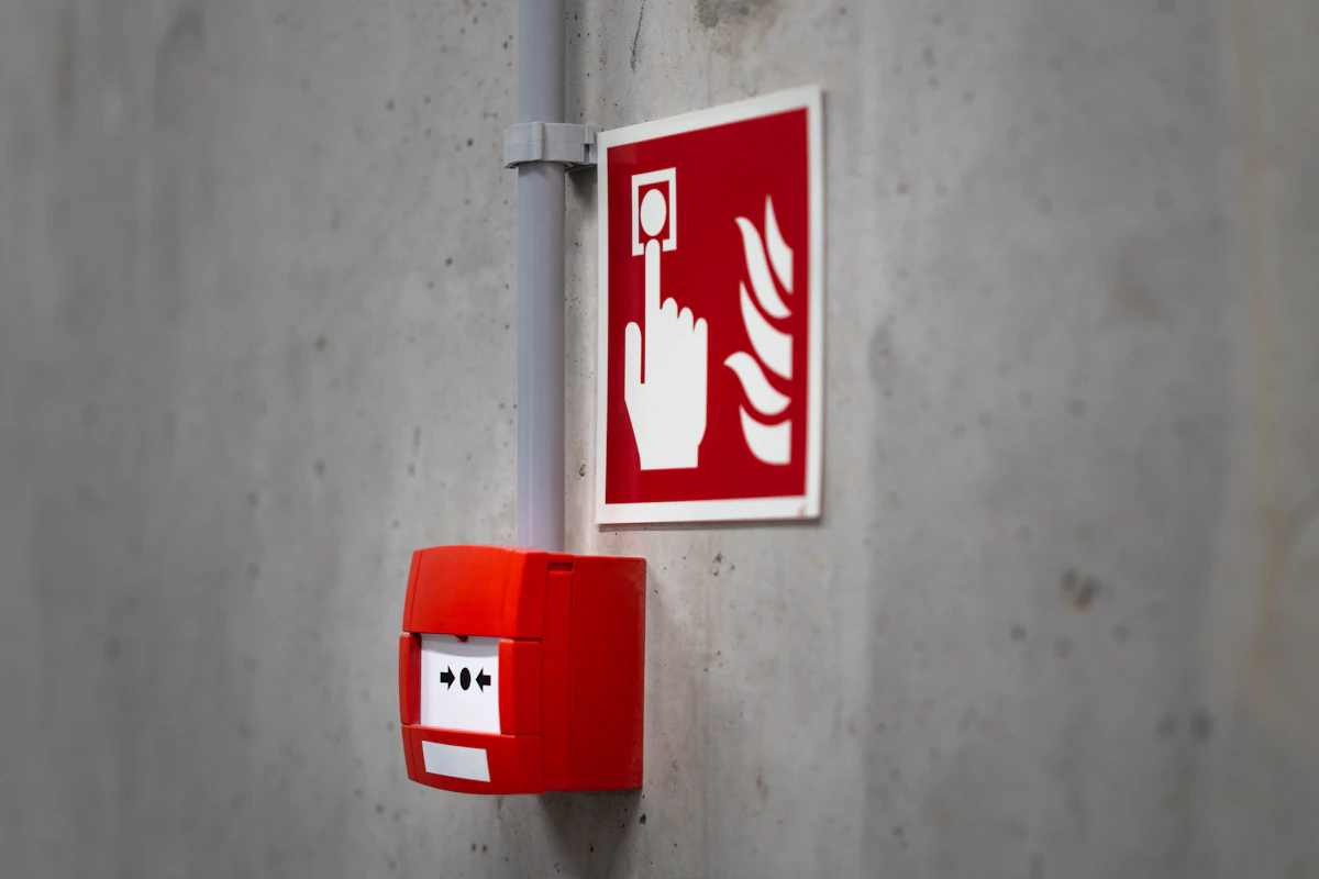 Red fire alarm pull station mounted on a wall
