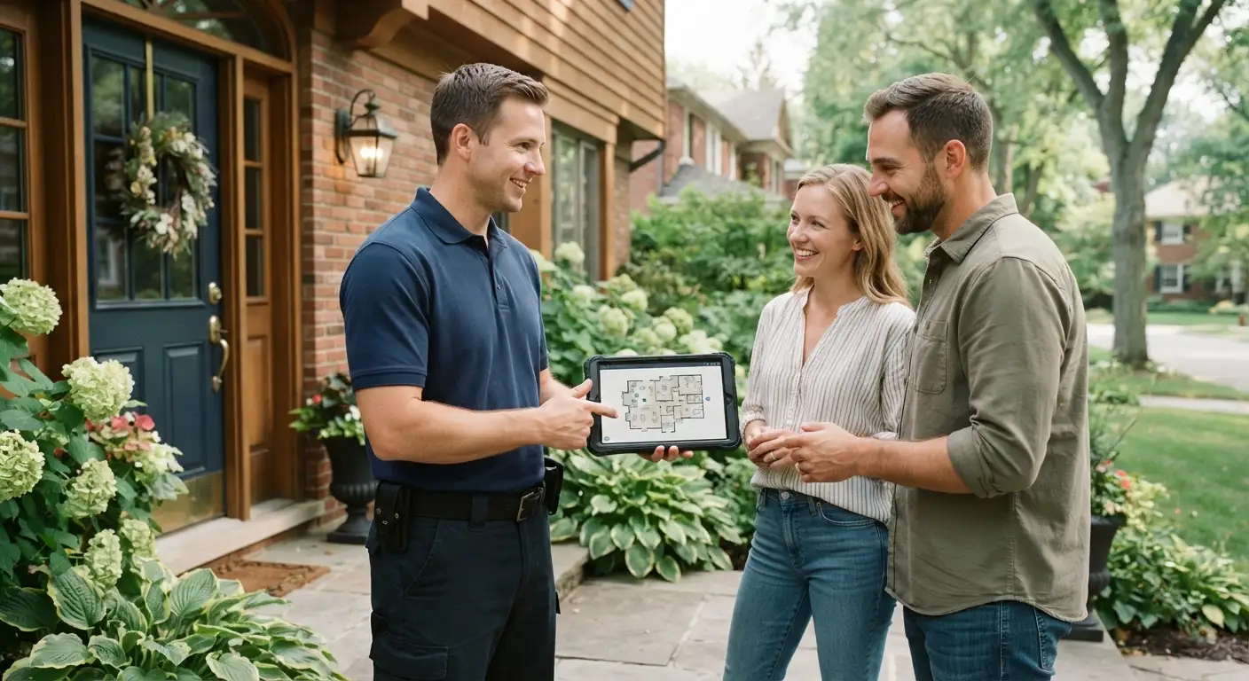 A Rolo Electronics technician reviewing a security plan with homeowners