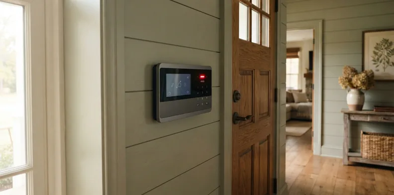 Home alarm keypad mounted beside the front door — the keypad shows trouble messages, while the dialer lives in the control panel