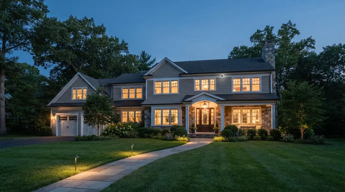Two-story colonial at dusk with upstairs windows lit — the evening, second-floor entry pattern Greenwich and New Canaan police have warned about