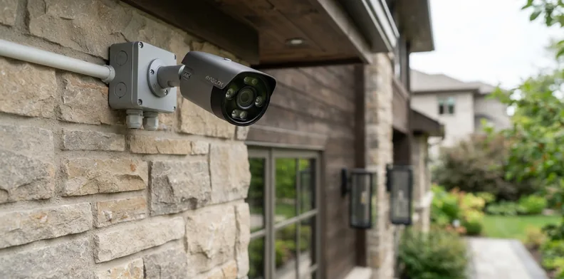 Hard-wired security camera on a stone wall with a weatherproof junction box — there is no Wi-Fi link for a jammer to block
