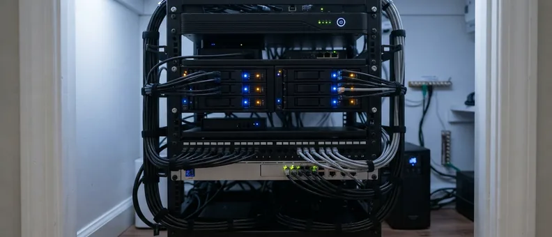 Home network rack with a battery backup unit beside it — the equipment that now carries phone, internet and alarm signals