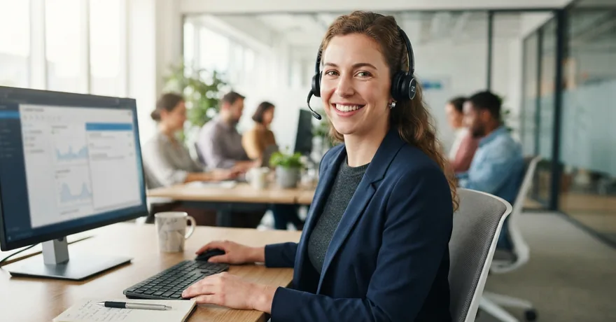 Alarm monitoring center operator with a headset — a signal received on their screen, not a dial tone, proves the alarm works
